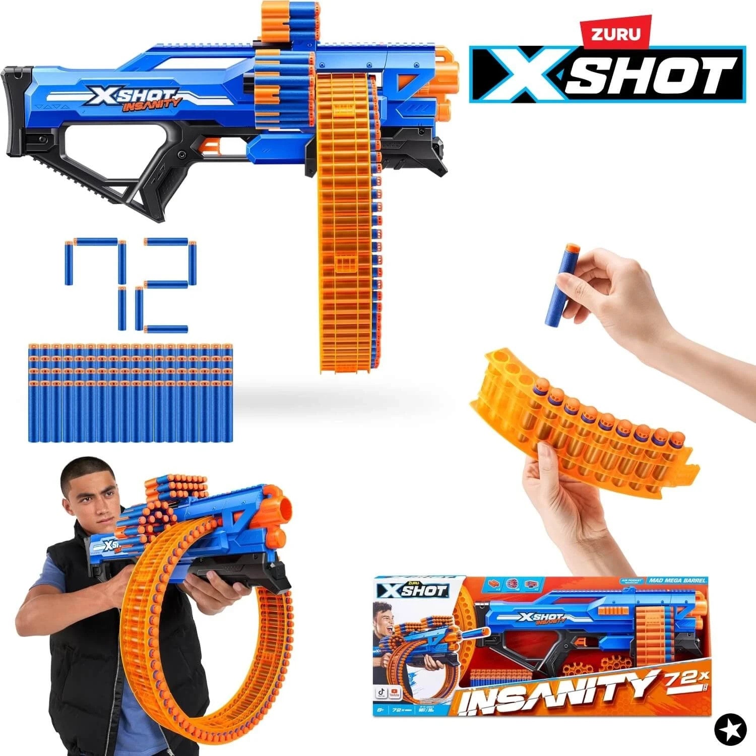 X-Shot Insanity Mad Mega Barrel Blaster mit 72 Darts - Dartblaster von ZURU