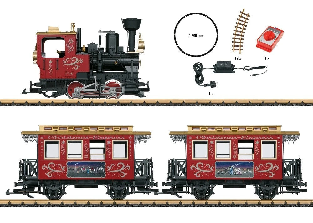 LGB – 70308 Gartenbahn Starterset Weihnachtszug mit Lokomotive und Zwei Waggons,