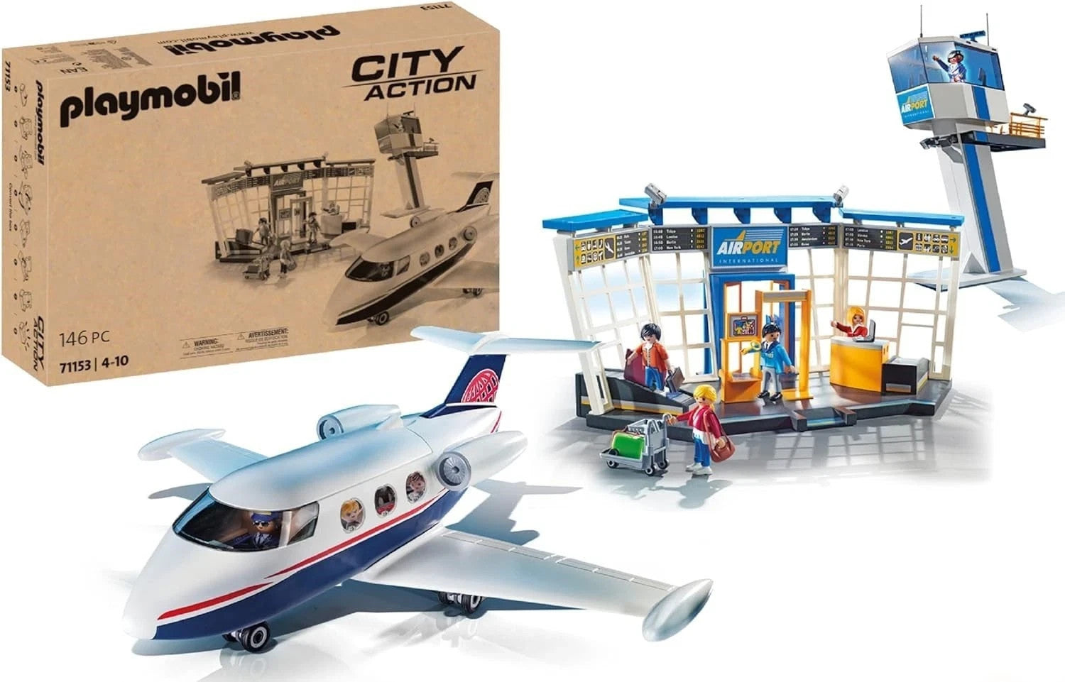 PLAYMOBIL City Action 71153 Flughafen mit Flugzeug und Tower, Mit 2 in 1 Wendeka