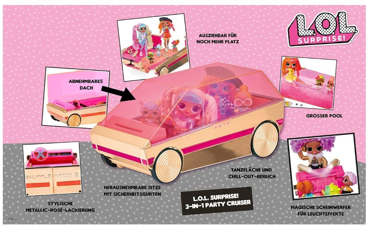 LOL Surprise 3-in-1 Party Cruiser Car with Surprise Pool, Dance Floor and Magic 