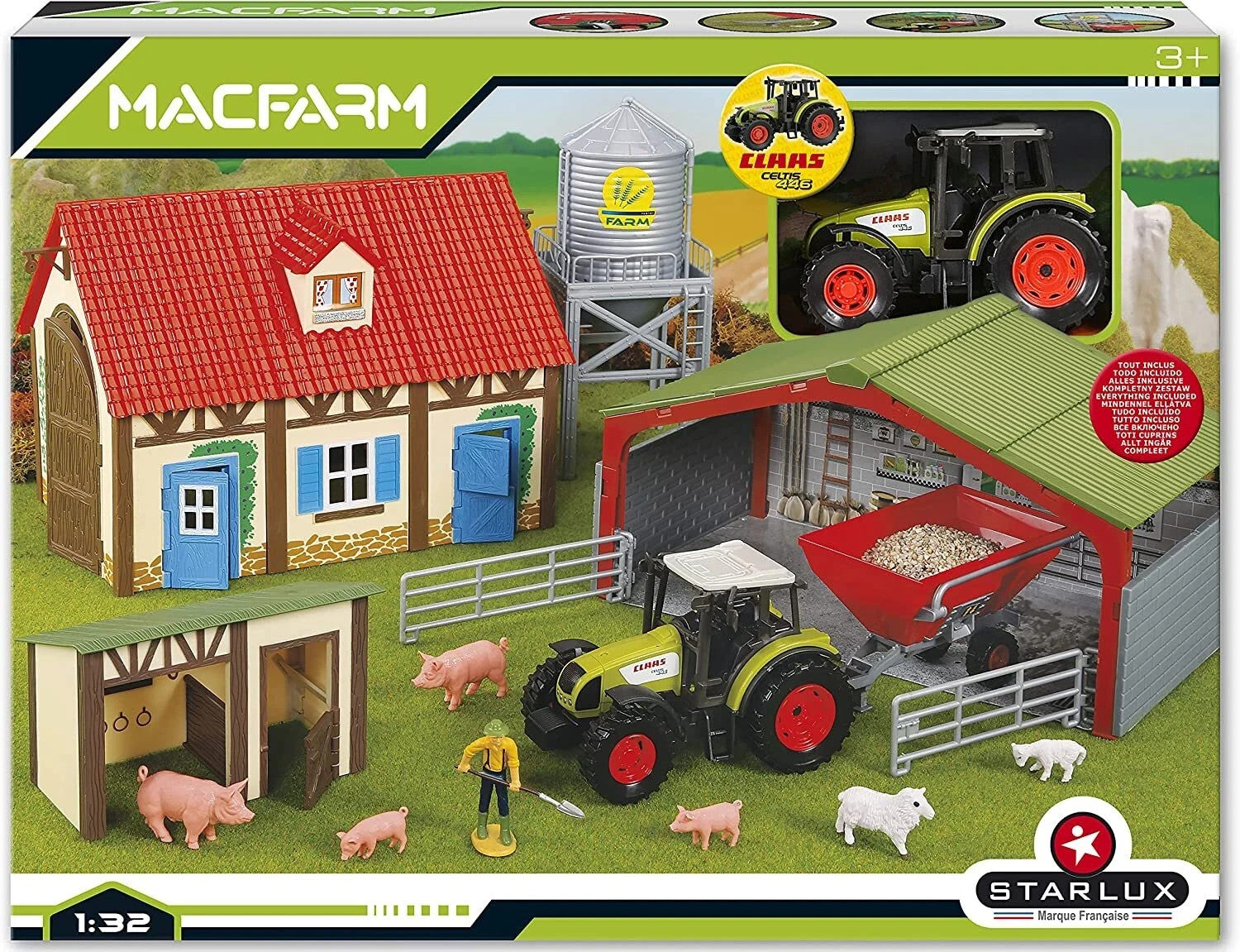 Kinder Spielzeug Farm Set Bauernhof Claas Trecker Traktor Anhänger Tiere Silo